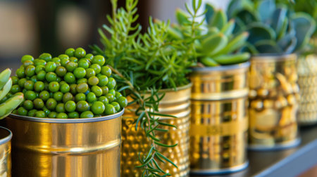 This image showcases an arrangement of vibrant green succulents in shiny gold cans, adding a stylish touch to any space. Perfect for home decor ideas.の素材