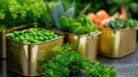 This captivating image features lush green plants elegantly arranged in shiny gold containers, perfect for enhancing any indoor or outdoor decor.の素材