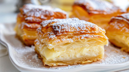 A tempting display of exquisite layers of flaky pastry filled with rich cream, lightly dusted with powdered sugar, perfect for any occasion.の素材