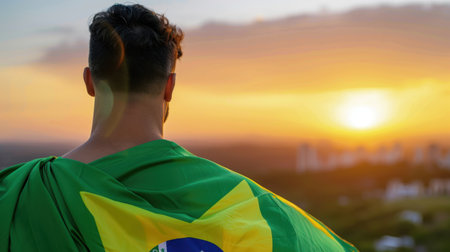 A man draped in the Brazilian flag stands on a hillside, gazing at a vibrant sunset. This image captures a moment of national pride and appreciation for nature.の素材