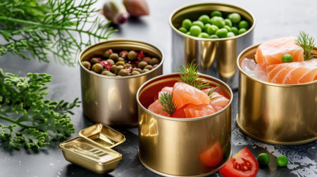 A visually appealing arrangement of assorted canned foods featuring salmon, green peas, and colorful spices set against a dark background. Perfect for culinary art.の素材