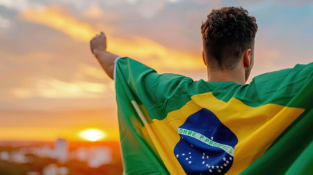 A proud individual stands against a breathtaking sunset, draped in the Brazilian flag, celebrating cultural identity and unity in an urban landscape.の素材