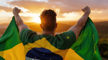 A man stands with his arms raised, holding the national flag of Brazil against a stunning sunset backdrop, embodying freedom and pride in nature.の素材