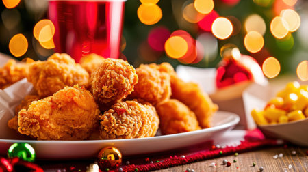 A vibrant holiday table showcases a platter of crispy fried chicken, surrounded by festive decorations and colorful bokeh lights, perfect for celebrations.の素材