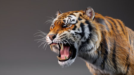 This striking close-up image captures a roaring tiger, emphasizing its powerful features and vibrant fur. The dramatic lighting enhances the wild animal's majestic presence, highlighting its fierce expression and captivating gaze.の素材
