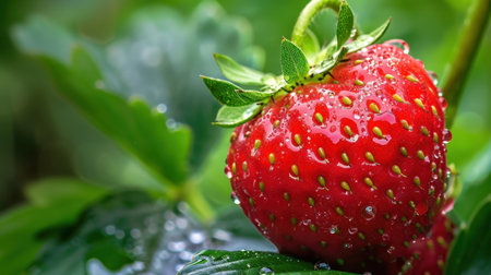 This image showcases a vibrant red strawberry adorned with water droplets, set against lush green leaves in a beautiful garden. The freshness captures the essence of nature's bounty.の素材