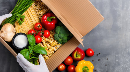 A beautifully arranged craft box filled with fresh vegetables, herbs, and pasta, perfect for healthy cooking and meal preparations at home.の素材