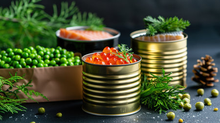 This captivating image showcases gourmet canned seafood, featuring salmon and caviar, beautifully arranged with fresh green peas and herbs.の素材