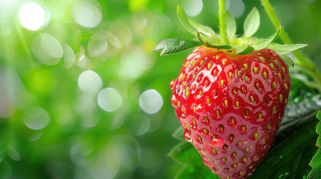A close-up view of a bright red strawberry hanging from green leaves, set against a soft bokeh background, showcasing freshness and nature's beauty.の素材