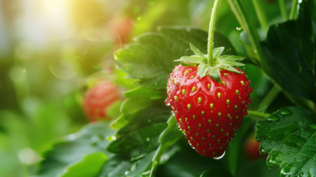 A vibrant red strawberry hangs from a green plant, glistening with water droplets in the warm sunlight, symbolizing freshness and natural beauty.の素材