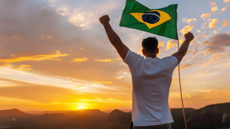 A man passionately celebrates with the Brazil flag at sunset, overlooking a breathtaking landscape in Rio de Janeiro, embodying freedom and joy.の素材