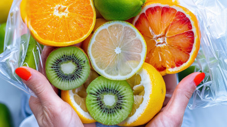 A beautiful assortment of fresh citrus fruits, including oranges, lemons, and kiwis, arranged in a clear bag, showcasing vibrant colors and textures.の素材