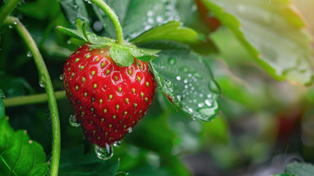 A close-up view of a ripe red strawberry covered in dew drops, surrounded by lush green leaves in a vibrant garden setting, showcasing freshness.の素材