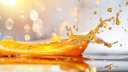 This striking image captures a dynamic splash of orange juice with droplets in sunlight, evoking freshness and vitality. Perfect for food and beverage themes.の素材