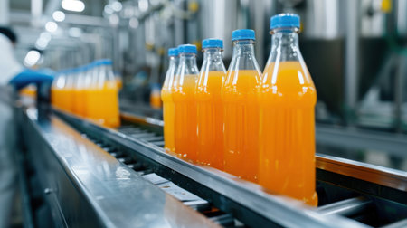 Vibrant orange beverage bottles travel along a production line in a modern factory, showcasing the efficiency of automated bottling and packaging processes.の素材