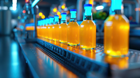 A dynamic image of a modern beverage production line showcasing glass bottles filled with vibrant orange drink, highlighting efficiency and technology.の素材