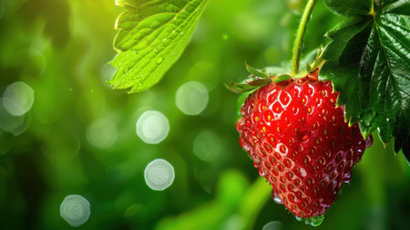 A close-up image of a ripe strawberry hanging from green leaves, adorned with water droplets, showcasing vibrant colors and a soft bokeh background.の素材