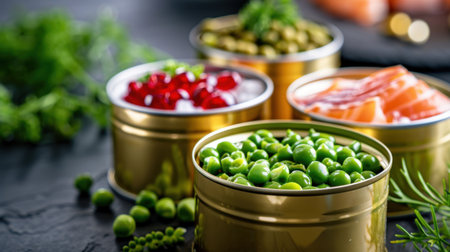 This captivating image showcases fresh green peas, luscious red pomegranate seeds, and flavorful green olives alongside sliced smoked salmon in elegant golden cans, perfect for a gourmet food presentation.の素材