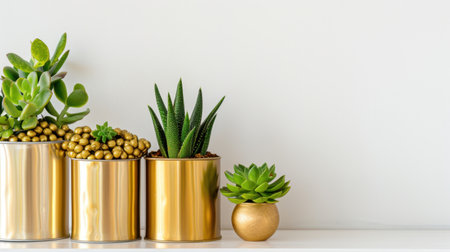 Discover an elegant indoor plant arrangement featuring succulents in shiny gold containers. This modern decor adds a touch of nature and style to any space.の素材
