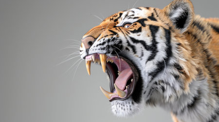 This striking image captures a roaring tiger in vivid detail, showcasing its powerful features, sharp teeth, and iconic stripes against a neutral background.の素材