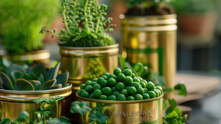 This captivating image showcases an arrangement of vibrant green succulents in decorative gold containers, ideal for stylish indoor gardening and home decor.の素材