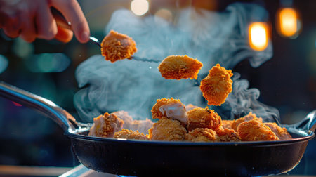 A vibrant image showcasing a hand lifting crispy golden fried chicken pieces from a sizzling pan, with steam rising in a cozy kitchen ambiance.の素材