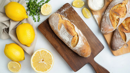 This captivating image features freshly baked artisan bread accompanied by vibrant lemons and fresh herbs, all beautifully arranged on a wooden board.の素材