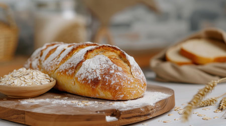A beautifully crafted artisan bread loaf made with oats lies on a wooden board. A cozy kitchen sets the backdrop, showcasing the warmth of homemade baking.の素材