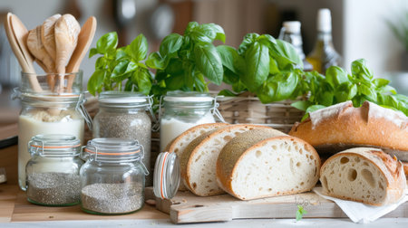A visually appealing arrangement of fresh ingredients including bread, basil, olive oil, and spices on a wooden table creating a perfect cooking scene.の素材