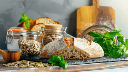 A beautiful display of freshly baked artisan bread accompanied by sunflower seeds and vibrant herbs, creating a rustic culinary atmosphere.の素材