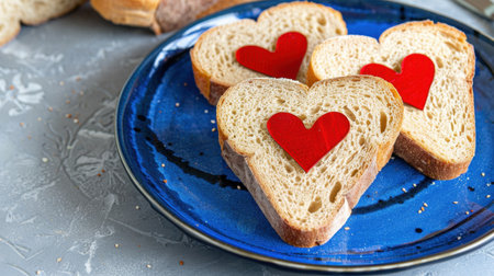 Heart-shaped slices of toast adorned with red heart decorations, presented on a beautiful blue plate. Perfect for romantic breakfasts, artistic snacks, or special occasions.の素材