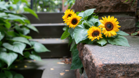 A captivating image showcasing vibrant sunflowers set against a rustic stone stairway, surrounded by lush greenery, offering a serene outdoor ambiance.の素材