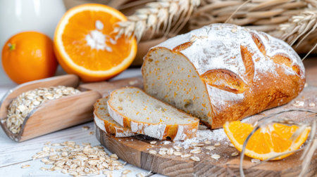 A freshly baked orange bread with oat highlights sits on a rustic wooden board, accompanied by bright citrus and oats, depicting wholesome ingredients.の素材