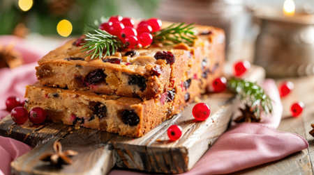 This enticing loaf cake features a blend of cranberries and cherries, adorned with fresh greenery and berries, creating a warm festive atmosphere perfect for holiday gatherings.の素材