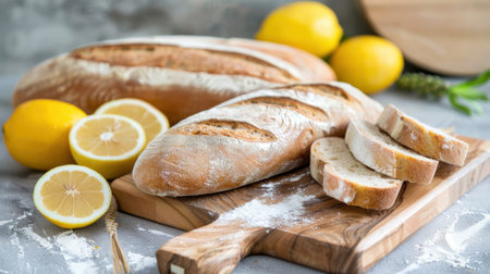 This image features freshly baked bread loaves alongside sliced bread and vibrant lemons on a wooden board, creating a rustic and inviting kitchen scene.の素材