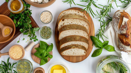 This image showcases freshly sliced bread arranged on a wooden board, surrounded by a variety of herbs and cooking ingredients, creating a vibrant and inviting scene perfect for culinary inspiration.の素材