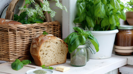 A cozy kitchen scene featuring fresh herbs like basil and parsley, a loaf of bread, and rustic accessories, capturing natural light and culinary inspiration.の素材
