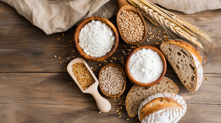 A beautiful arrangement of fresh baking ingredients featuring flour, various grains, and rustic bread on a natural wooden table, perfect for culinary inspiration.の素材