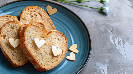 A charming arrangement of heart-shaped bread slices on a vibrant blue plate, adorned with wooden decorative hearts, perfect for romantic moments.の素材