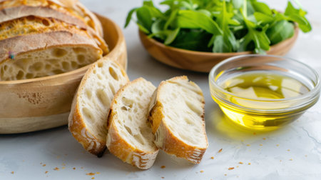 This image features freshly sliced artisan bread alongside a small bowl of olive oil and vibrant green leaves. Perfect for showcasing healthy eating.の素材