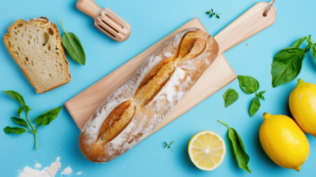 A vibrant display of freshly baked bread accompanied by herbs and lemons on a blue surface. Ideal for culinary projects and food photography.の素材