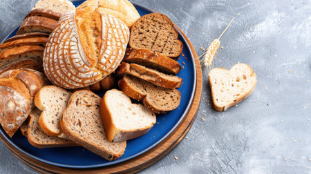 An enticing arrangement of various bread slices on a blue plate, showcasing different textures and grains, perfect for food photography or culinary inspiration.の素材