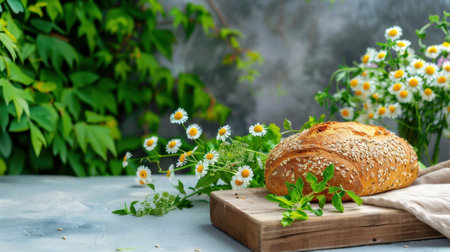 A beautifully arranged scene featuring freshly baked artisan bread on a wooden board, complemented by greenery and vibrant wildflowers, perfect for culinary inspiration.の素材