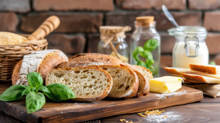 A beautiful arrangement of freshly sliced bread on a wooden cutting board, accompanied by butter and herbs, showcasing a cozy kitchen vibe.の素材