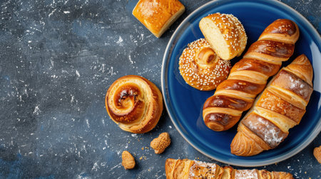 A culinary arrangement of freshly baked pastries showcasing croissants and sweet rolls on a blue plate. The rustic background enhances the appetizing appeal.の素材