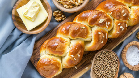 A stunning overhead view of a freshly baked golden braided bread accompanied by butter and walnuts offers a warm and inviting atmosphere ideal for food lovers.の素材