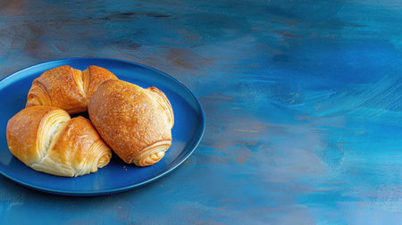 A beautifully arranged plate of freshly baked croissants highlights their flaky, golden texture against a vibrant blue background, evoking warmth and indulgence.の素材