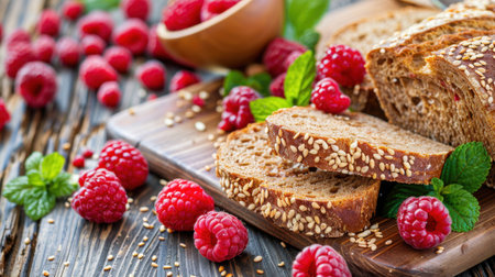 This captivating image showcases freshly sliced bread adorned with plump raspberries and vibrant mint leaves, set on a rustic wooden board, evoking a sense of healthy and delicious eating.の素材