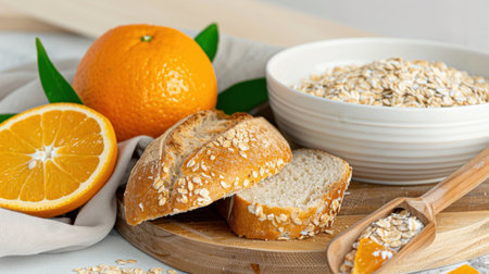 A beautiful arrangement featuring fresh orange slices next to hearty bread and a bowl of oats on a wooden surface, showcasing a healthy lifestyle and nutrition.の素材