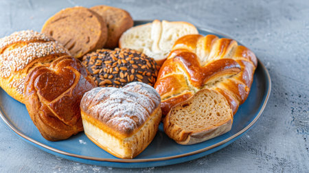 A vibrant display of assorted freshly baked breads and pastries on a blue plate, showcasing varied textures and delightful shapes ideal for culinary photography.の素材